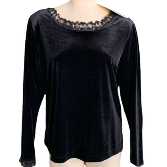 NWT Victor Costa Occasion Black Velvet Blouse Lace Collar & Cuffs Sz L #247A - Picture 1 of 6
